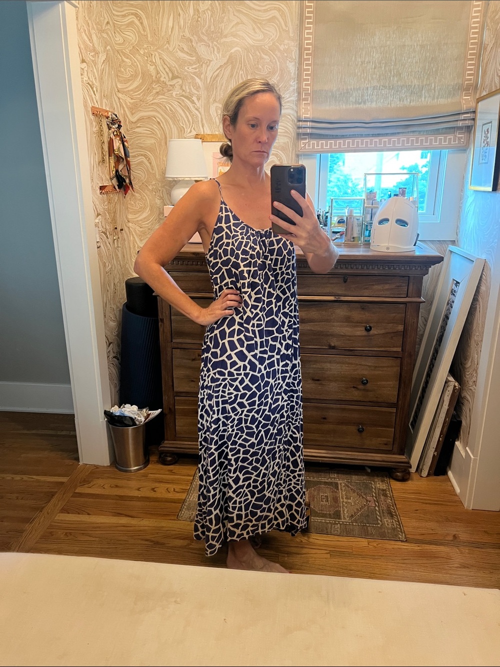 Navy and White Printed Spaghetti-Strap Maxi Dress